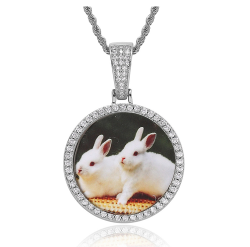 Halskette mit Foto-Memory-Anhänger aus Moissanit mit Diamanten im VVS-Silberton