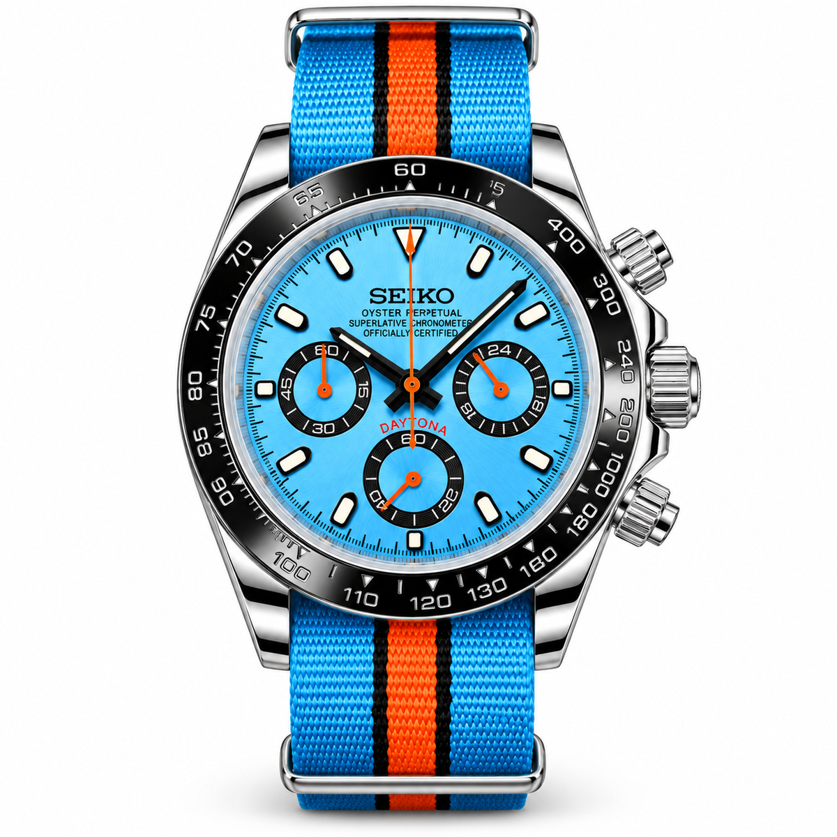 Seiko Mod Daytona ice-blue chronograph with blue and orange racing NATO strap on a white background