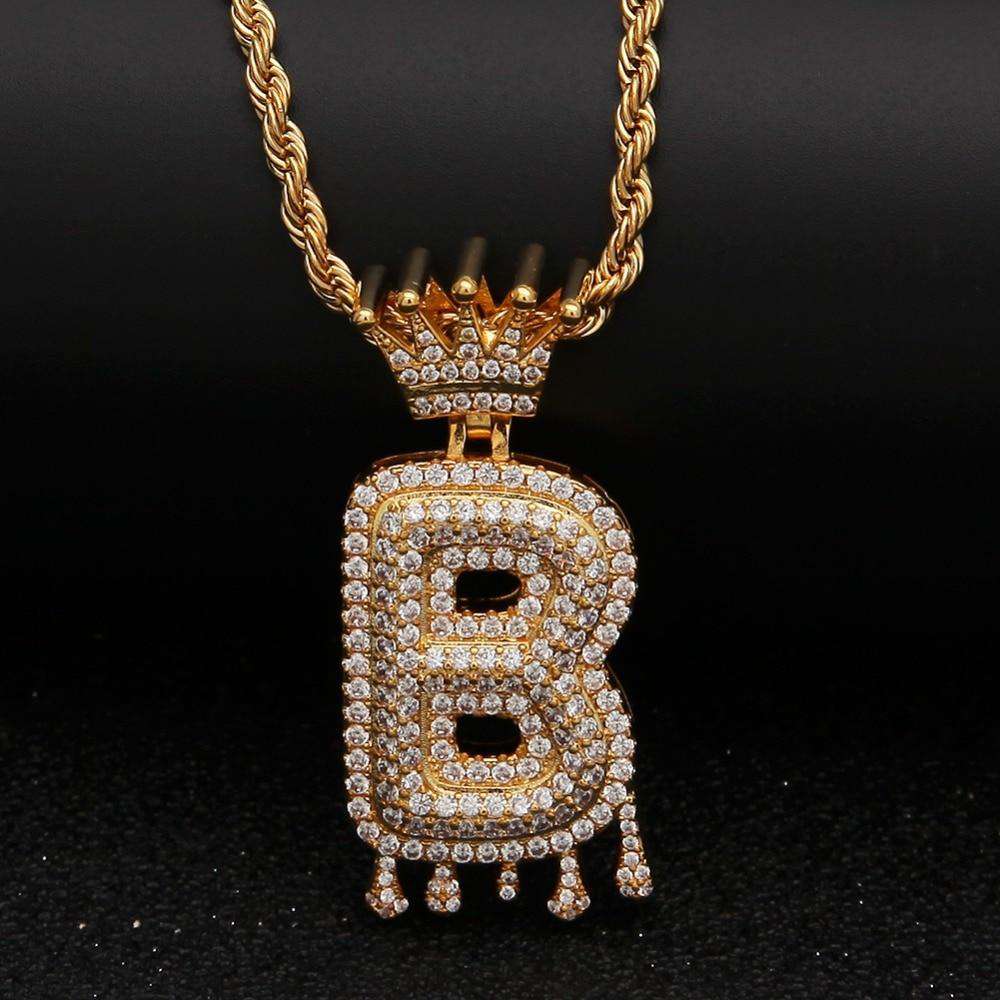 VVS Jewelry hip hop jewelry Gold/Silver Crown Ice Drip Bubble Initial Letter Pendant Necklace