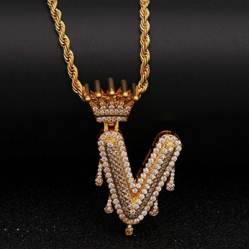 VVS Jewelry hip hop jewelry Gold/Silver Crown Ice Drip Bubble Initial Letter Pendant Necklace