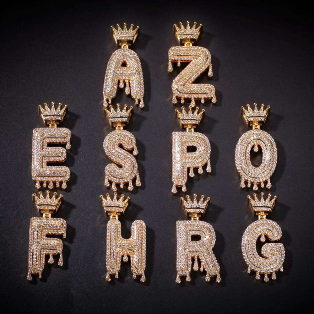 VVS Jewelry hip hop jewelry Gold/Silver Crown Ice Drip Bubble Initial Letter Pendant Necklace