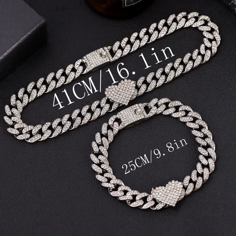 VVS Jewelry hip hop jewelry Silver Heart Miami Cuban Chain and Bracelet Bundle
