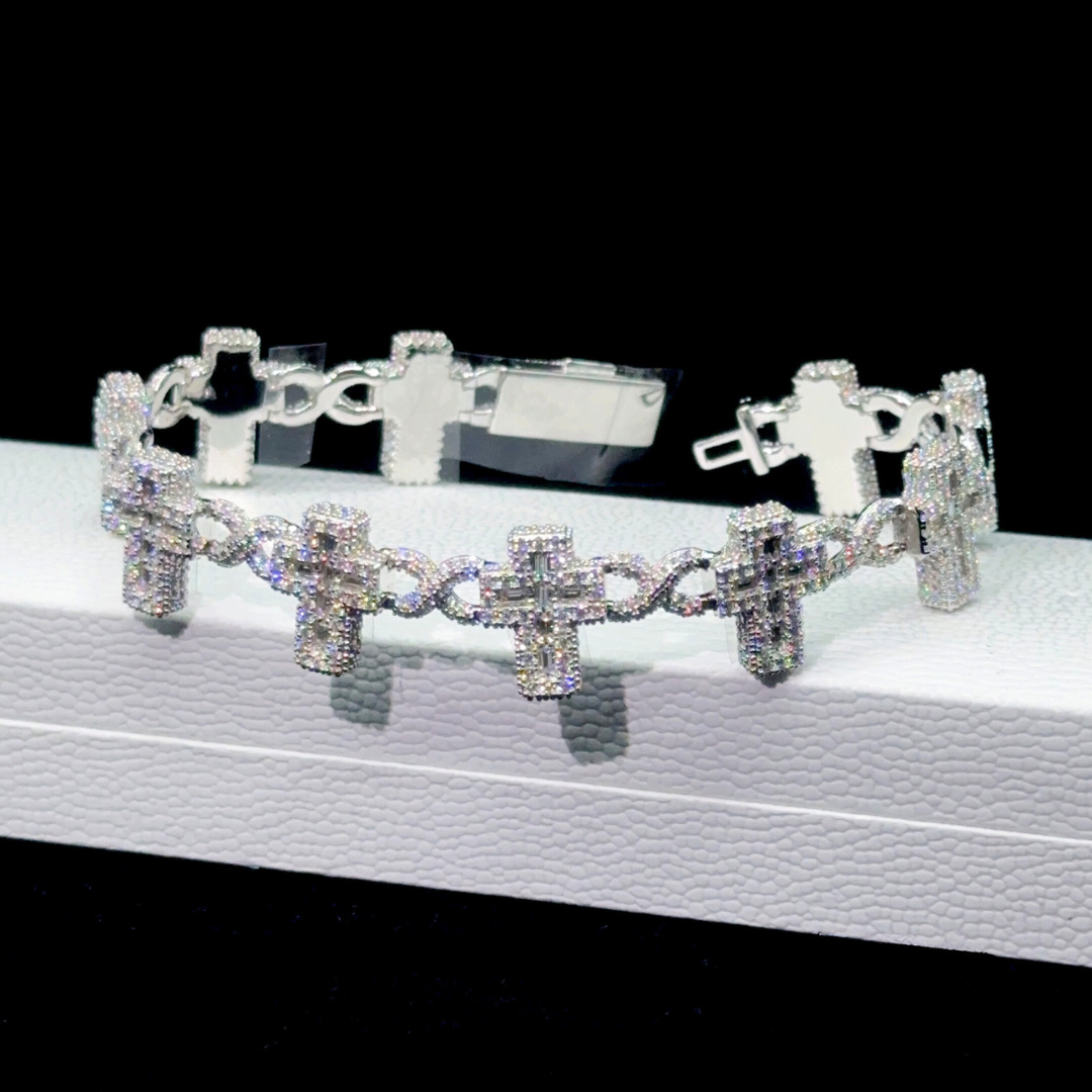 VVS 925 Sterling Silver Moissanite Baguette Cross Cuban Bracelet