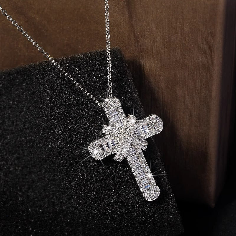 Fully Iced Baguette Cross Pendant Necklace