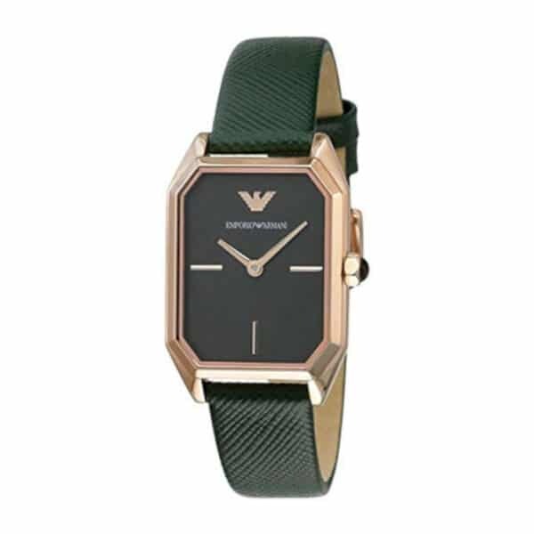 Emporio Armani AR11149 Rechteckige analoge Damenuhr aus grünem Leder