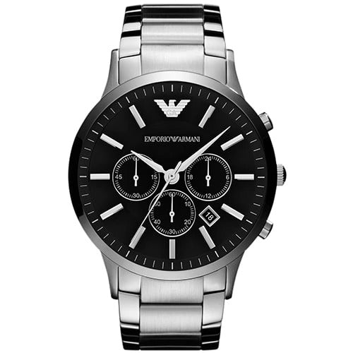 Emporio Armani AR2460 Herren-Sportuhr mit schwarzem Zifferblatt und silbernem Stahlarmband