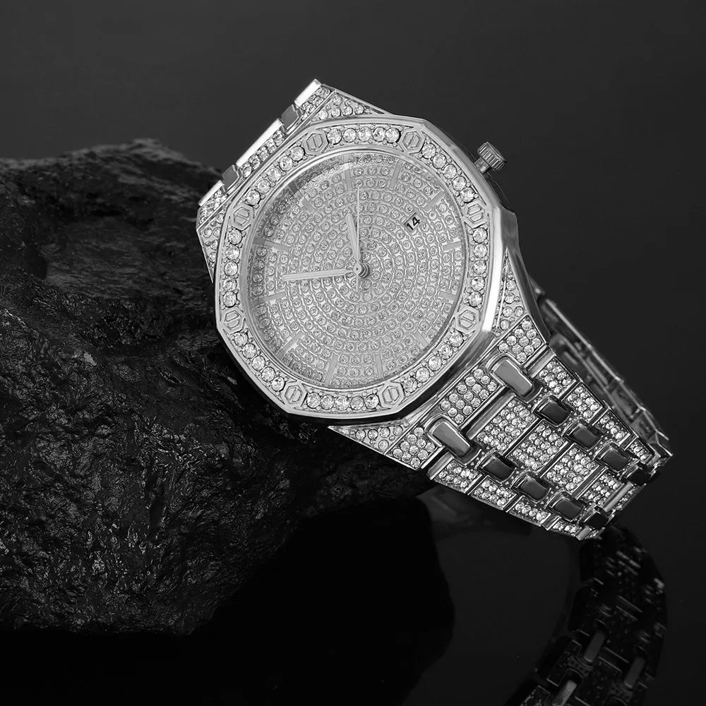 „King Frost“ Iced Out Herren-Golduhr und Miami Cuban Armband Luxus-Paket