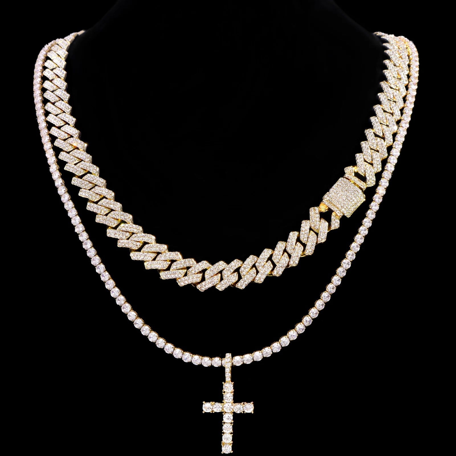 2-teiliges Iced Out-Paket: 14 mm Cuban + Tennis Cross Chain