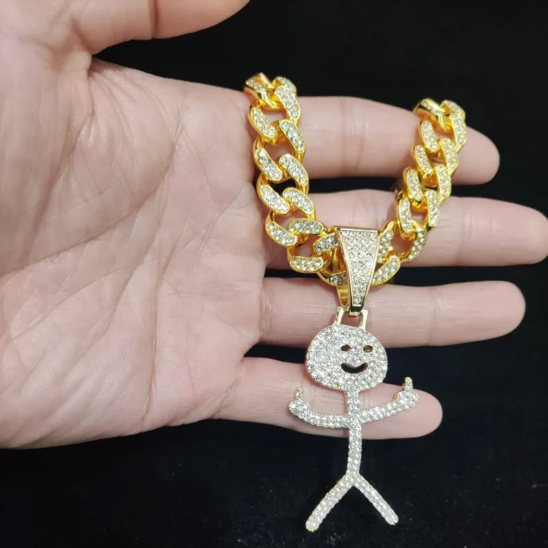 Iced Out Stickman Middle Finger Cuban Necklace - Funny Hip-Hop Pendant