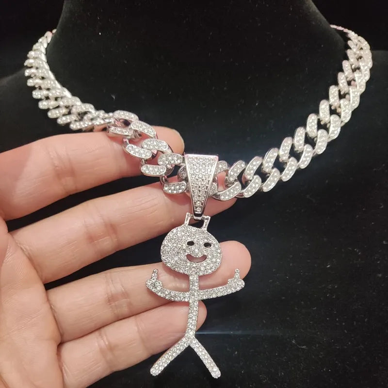 Iced Out Stickman Middle Finger Cuban Necklace - Funny Hip-Hop Pendant