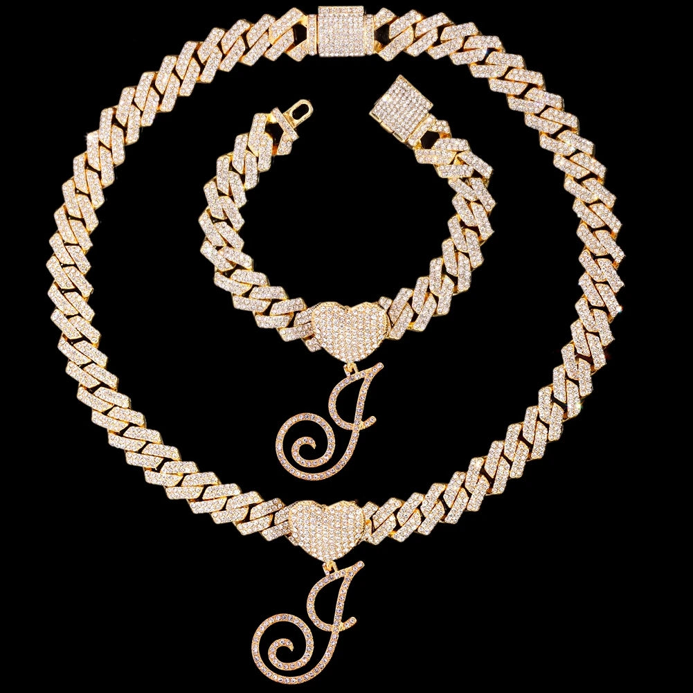 Initial Iced Out Cuban Link Chain Necklace Set