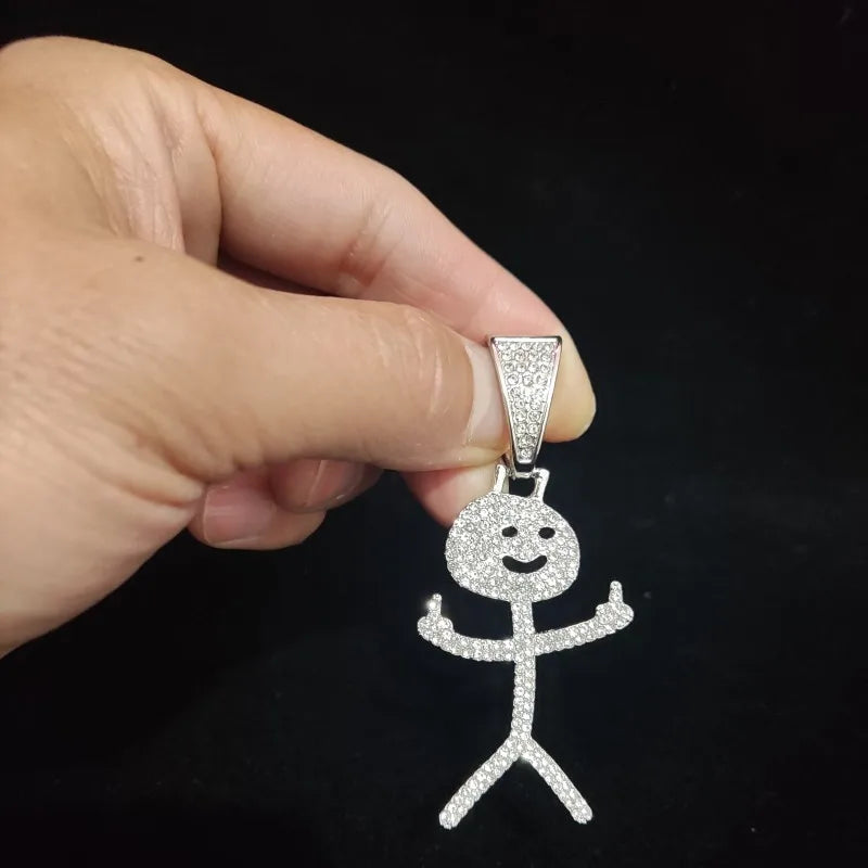 Iced Out Stickman Middle Finger Cuban Necklace - Funny Hip-Hop Pendant