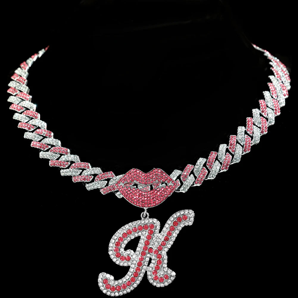 VVS Pink 14MM Cuban Chain with Paved Mouth Cursive Letter