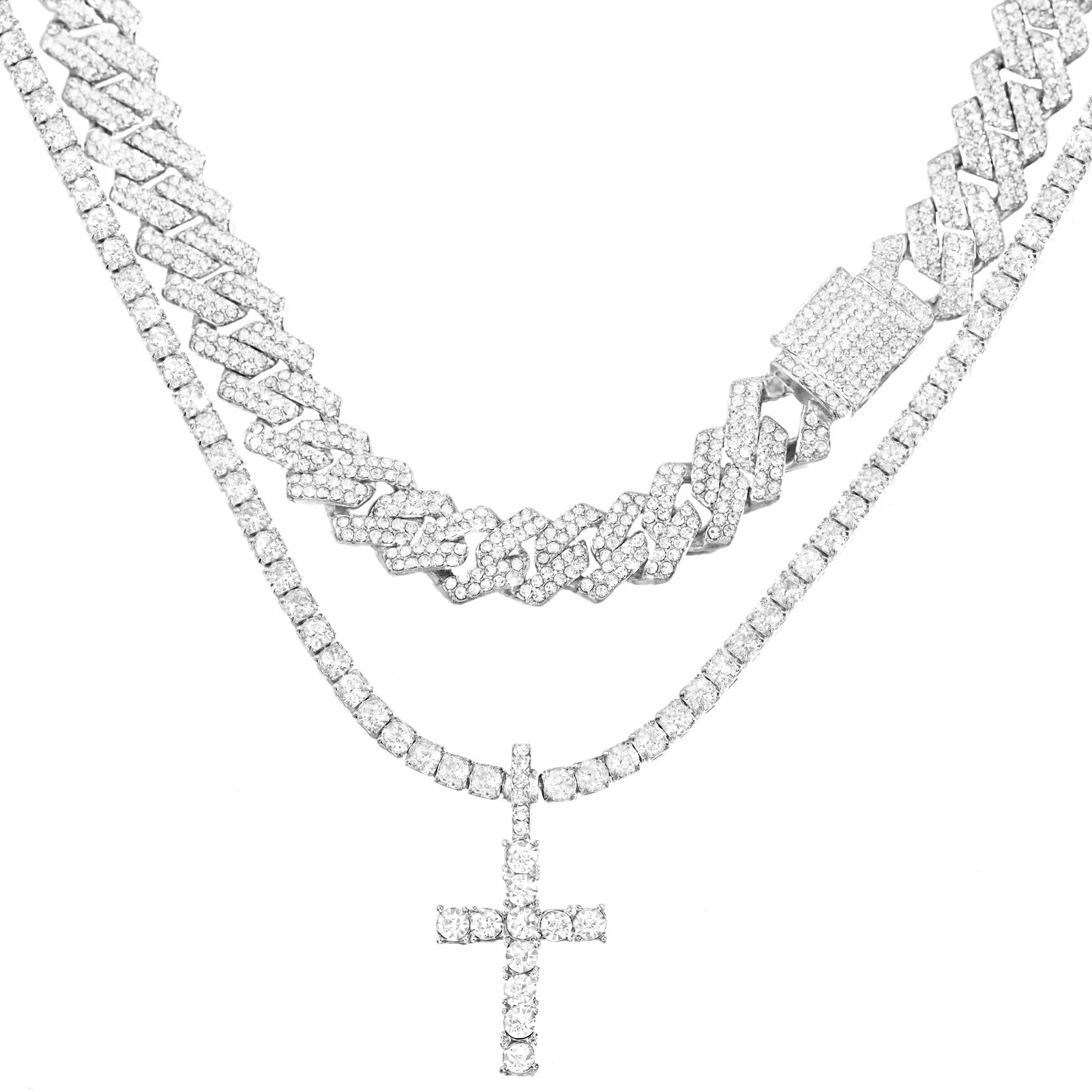 2-teiliges Iced Out-Paket: 14 mm Cuban + Tennis Cross Chain