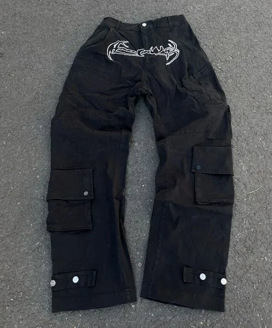 Retro Skull Embroidery Baggy Denim Pants