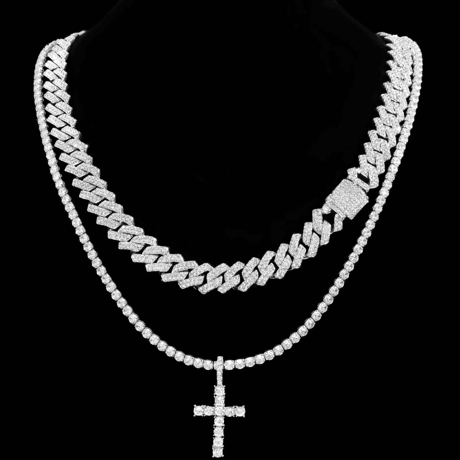 2-teiliges Iced Out-Paket: 14 mm Cuban + Tennis Cross Chain
