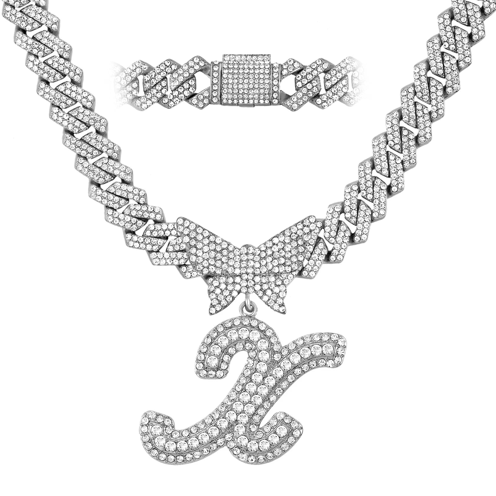 Initial Letter Pendant with14MM Cuban Chain Crystal Butterfly