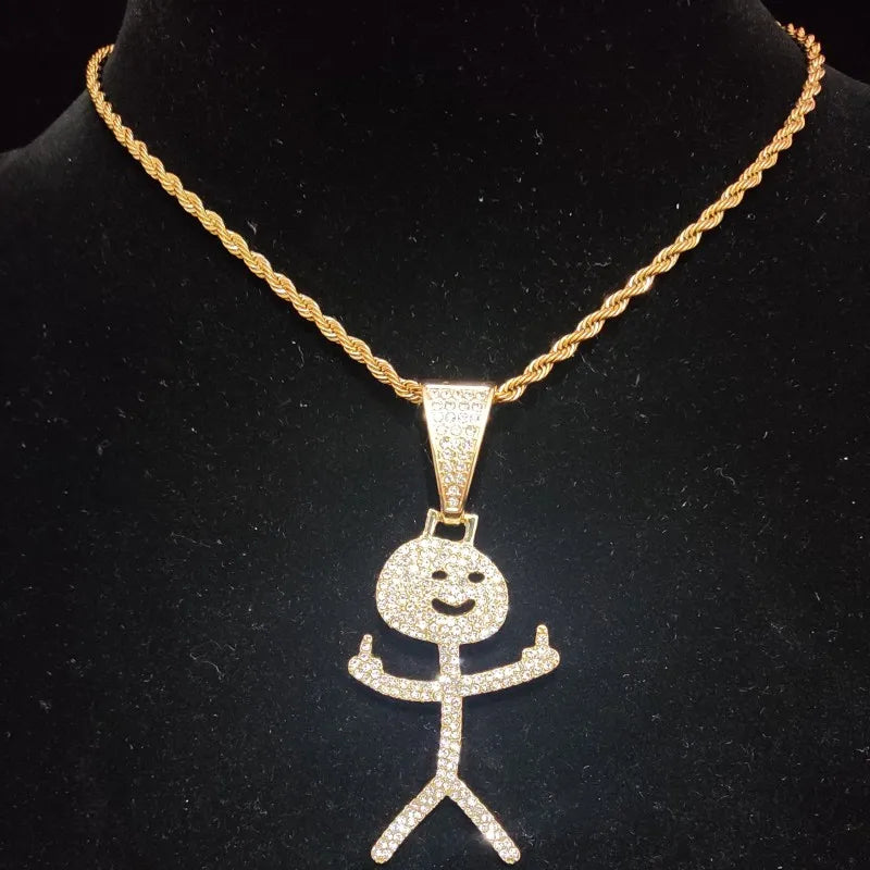 Iced Out Stickman Middle Finger Cuban Necklace - Funny Hip-Hop Pendant