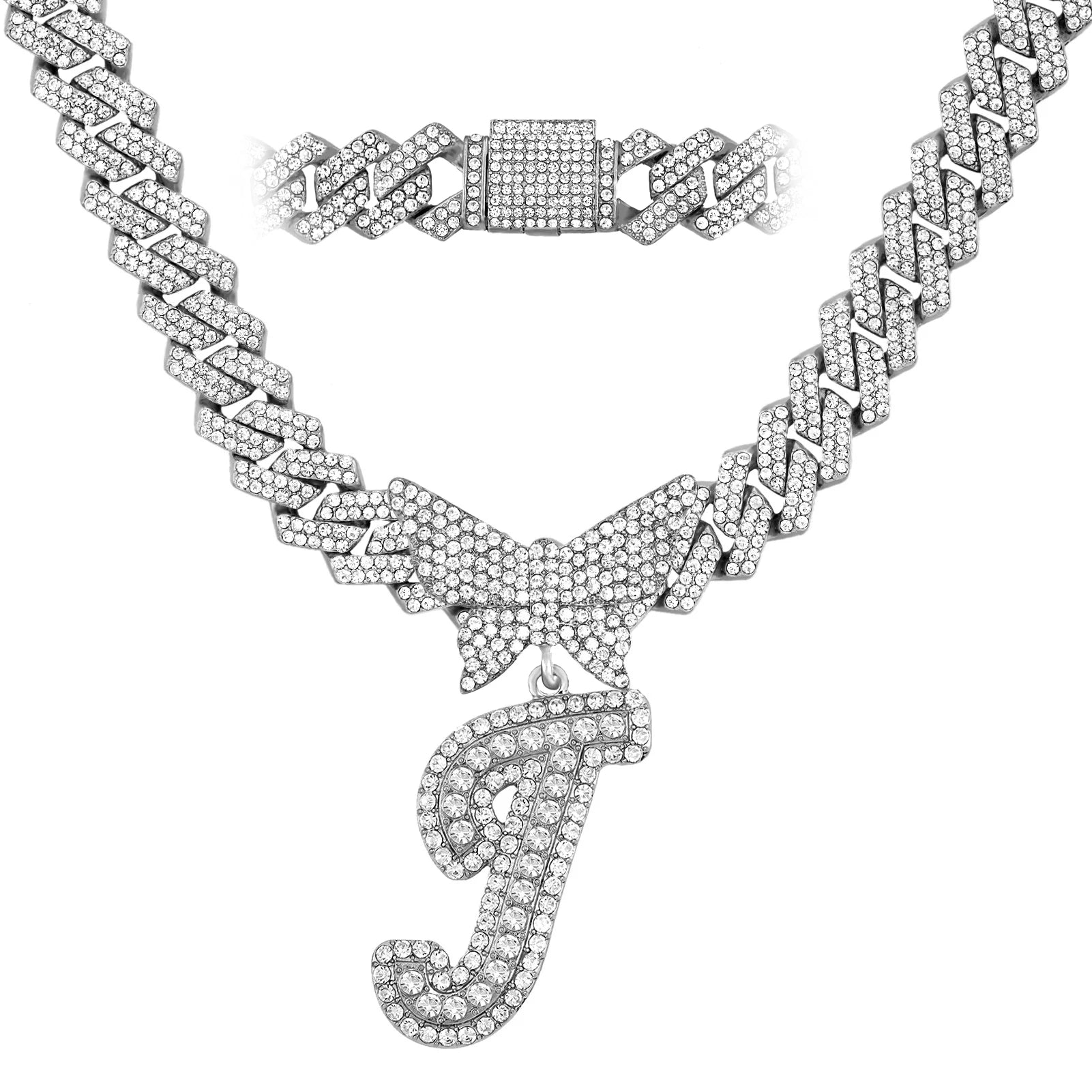 Initial Letter Pendant with14MM Cuban Chain Crystal Butterfly