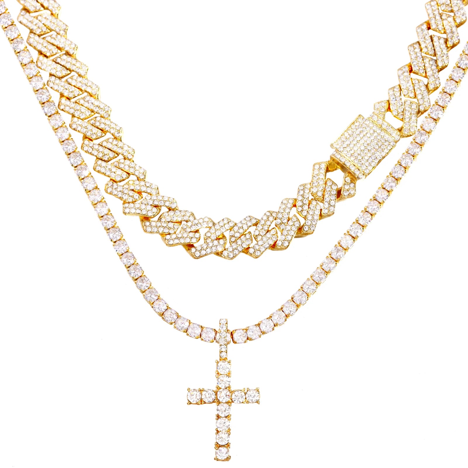 2-teiliges Iced Out-Paket: 14 mm Cuban + Tennis Cross Chain