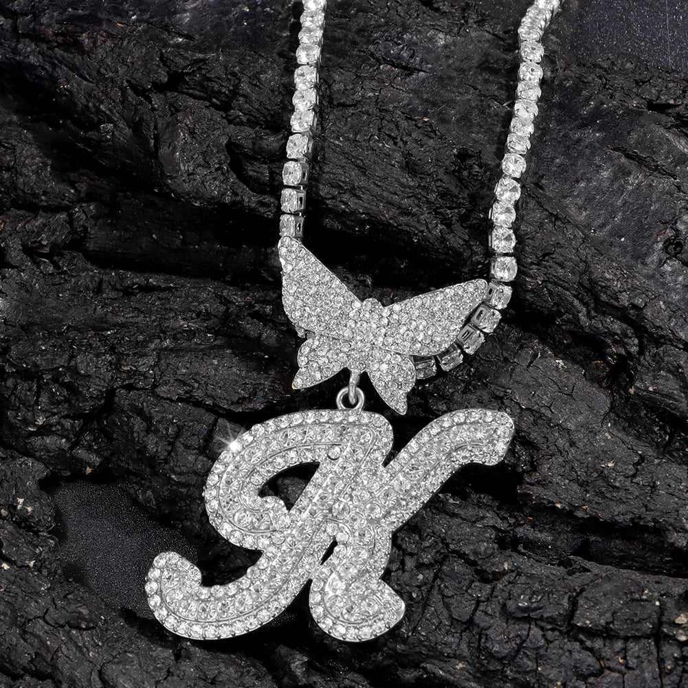 Initial Letter Pendant with14MM Cuban Chain Crystal Butterfly