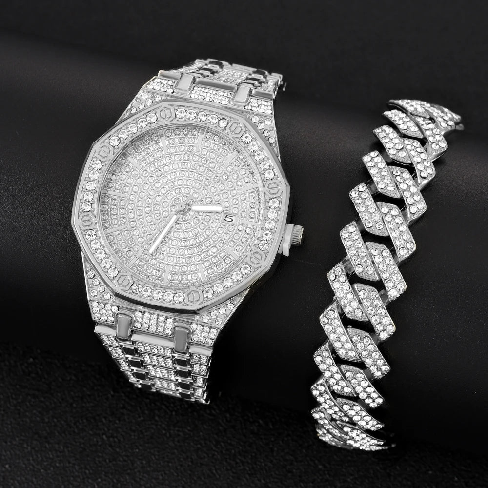 „King Frost“ Iced Out Herren-Golduhr und Miami Cuban Armband Luxus-Paket