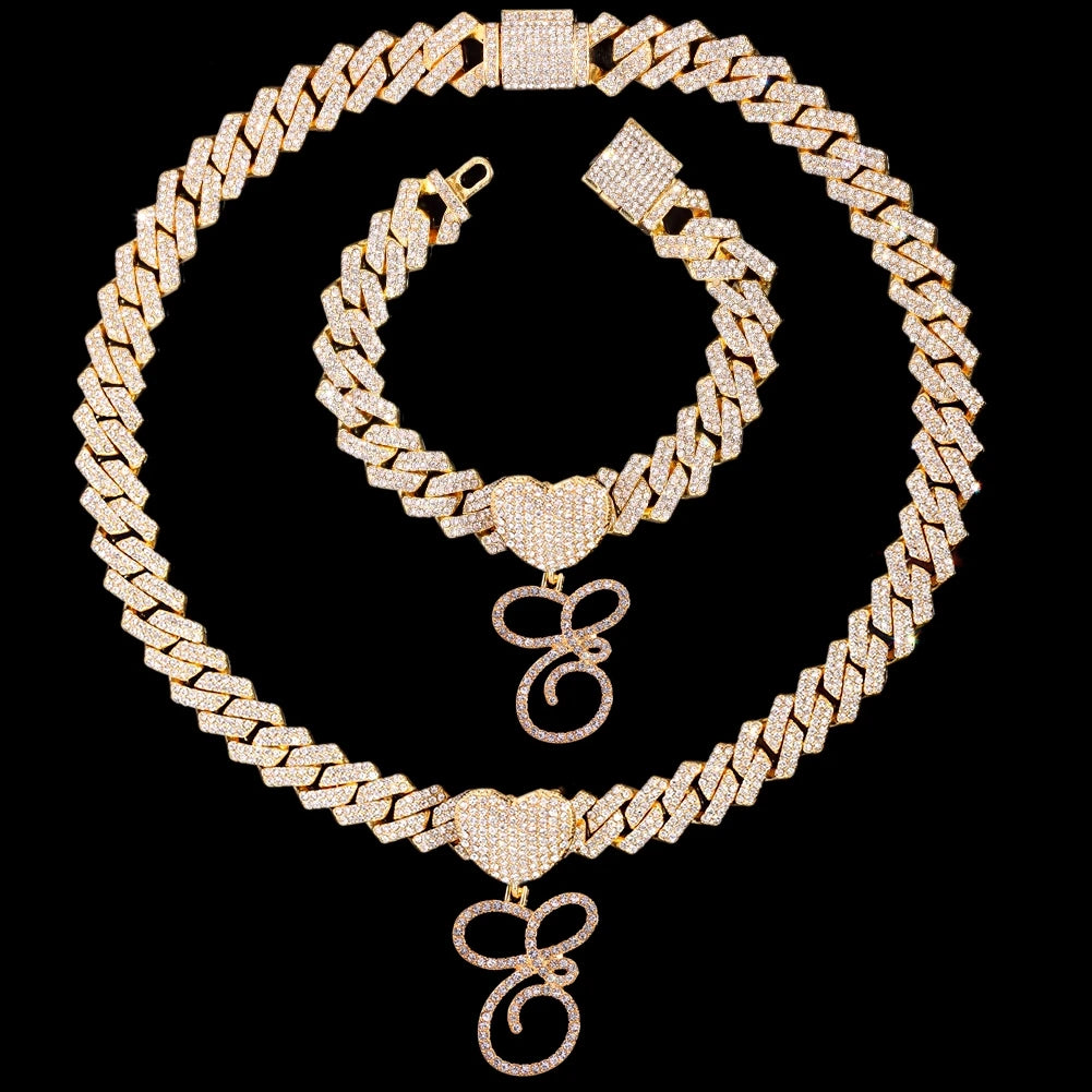 Initial Iced Out Cuban Link Chain Necklace Set