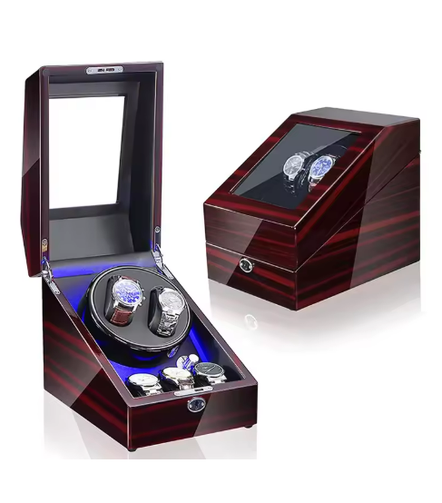 Luxury Walnut Wood 2+3 Watch Winder with Lock, LED Lights &  Extra Storage