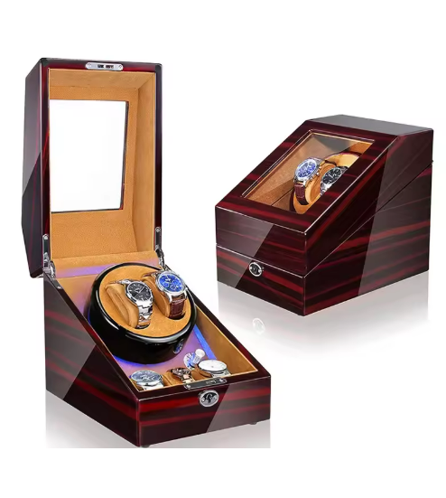 Luxury Walnut Wood 2+3 Watch Winder with Lock, LED Lights &  Extra Storage