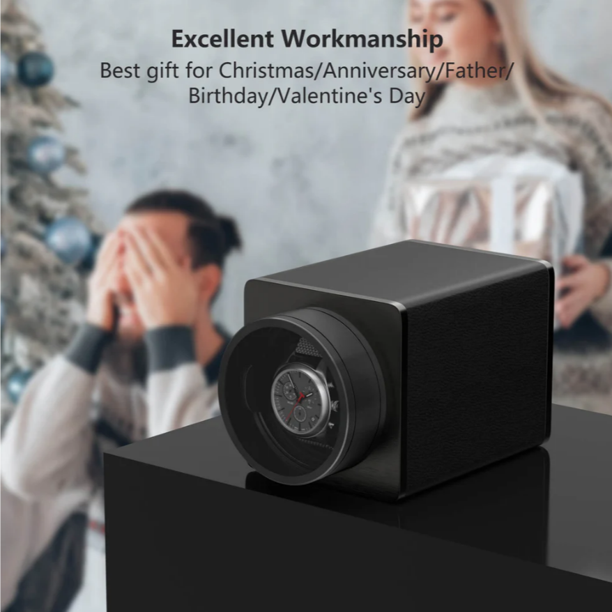 Watch Winder Single Box – Quiet Mabuchi Motor, Stackable Vegan Leather Case for Travel – Midnight Black