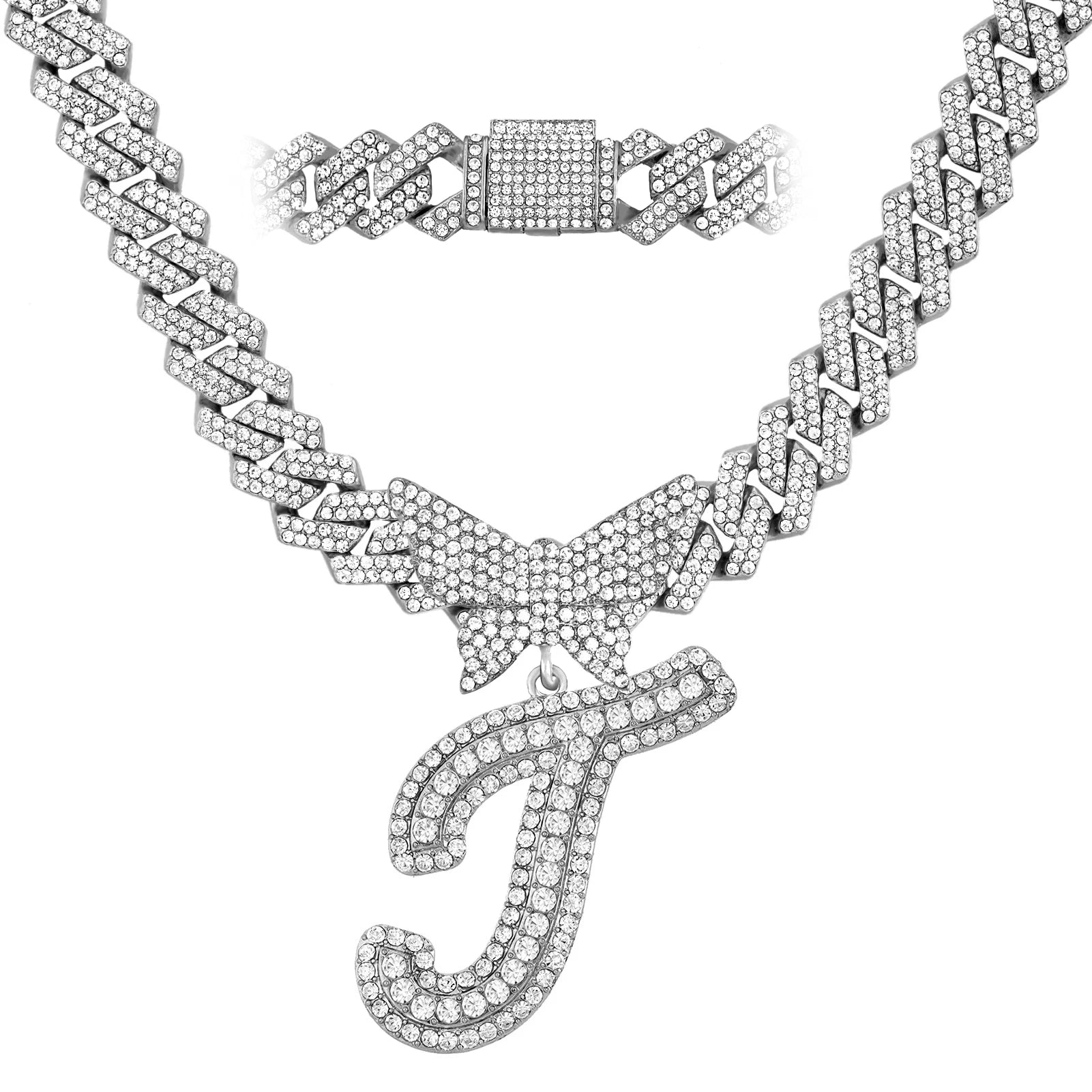 Initial Letter Pendant with14MM Cuban Chain Crystal Butterfly