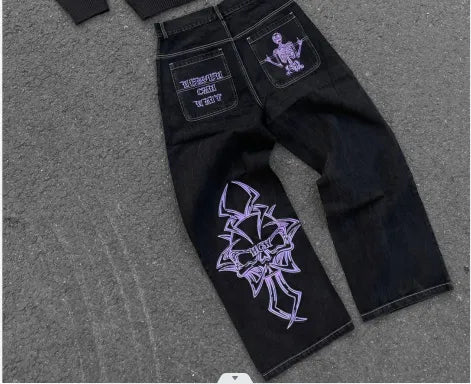 Retro Skull Embroidery Baggy Denim Pants