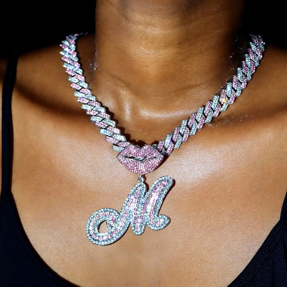 VVS Pink 14MM Cuban Chain with Paved Mouth Cursive Letter