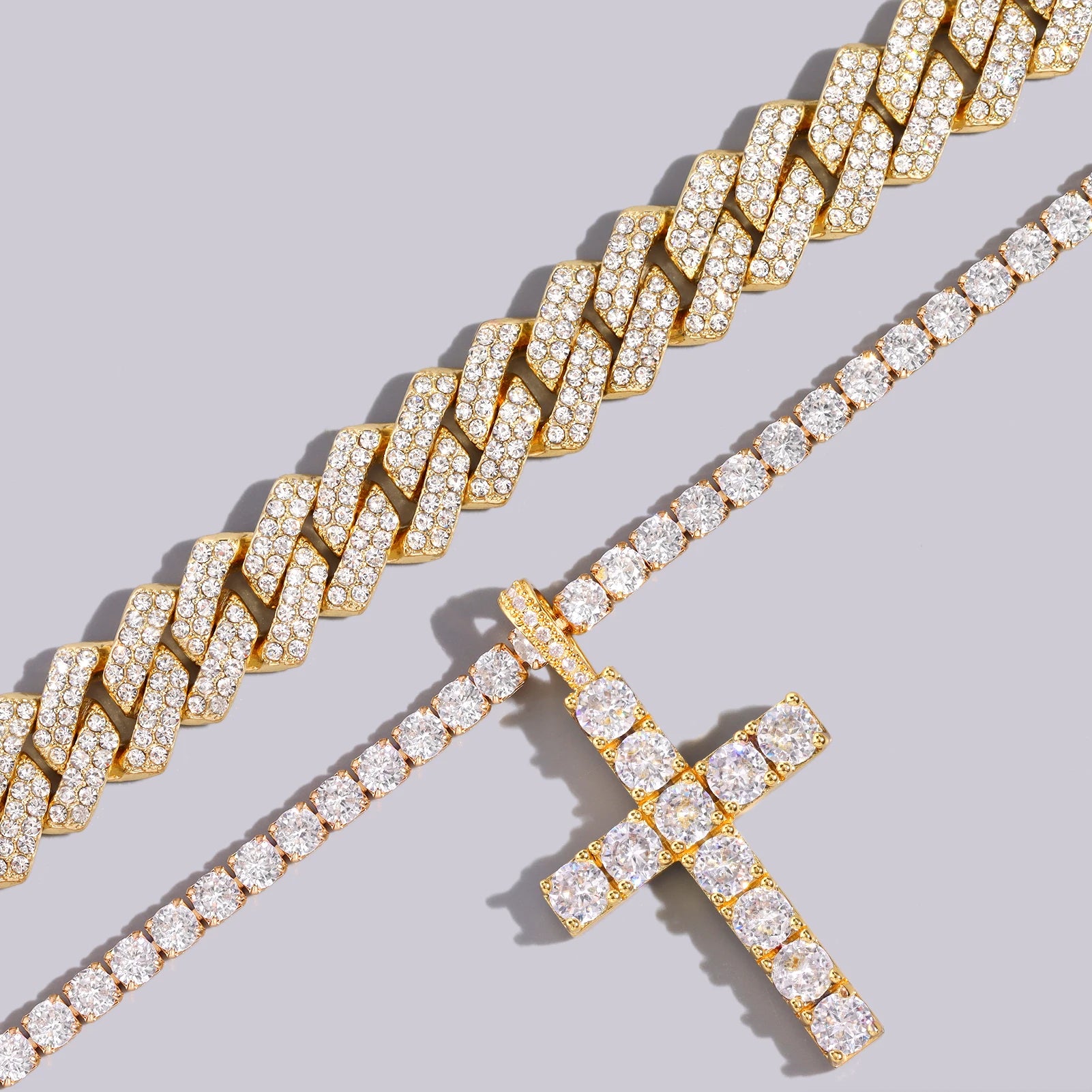 2-teiliges Iced Out-Paket: 14 mm Cuban + Tennis Cross Chain