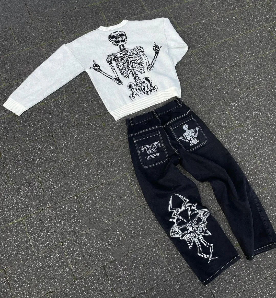 Retro Skull Embroidery Baggy Denim Pants