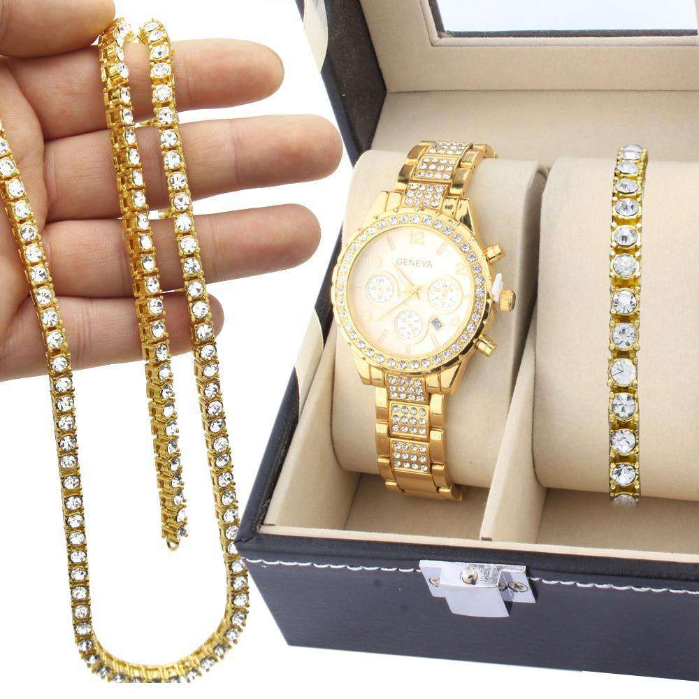 Hip Hop Fresh Jewelry hip hop jewelry Draped in Gold Watch, Bracelet, and Chain Combo