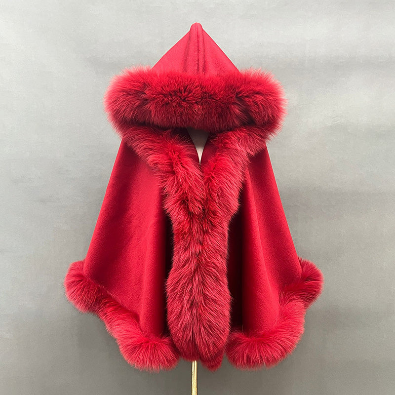 Emily Cashmere Poncho Real Fox Fur Cape with Fox Fur Hood