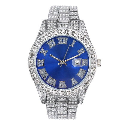 VVS Jewelry hip hop jewelry Blue Fully Iced Out Silver Colored Dial Men's Classic Watch