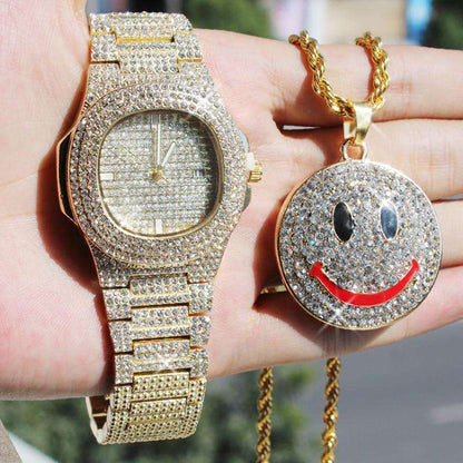 VVS Jewelry hip hop jewelry Everything Combo Set Iced Smiley Pendant + Watch Gift Set