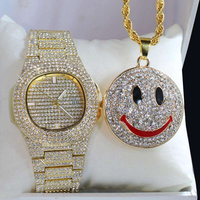 VVS Jewelry hip hop jewelry Everything Combo Set Iced Smiley Pendant + Watch Gift Set