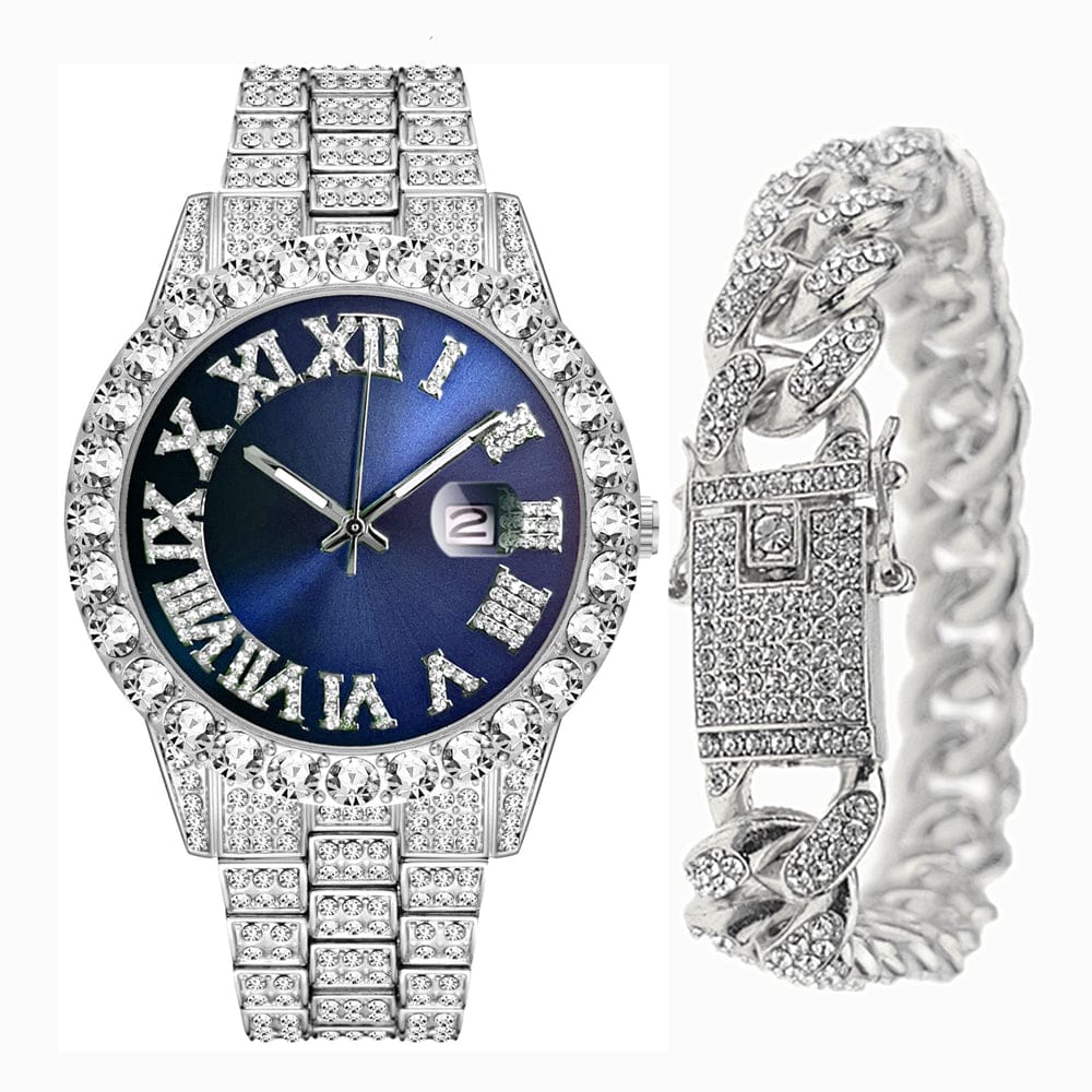 VVS Jewelry hip hop jewelry Fully Iced Bling Watch + Cuban Bracelet Bundle