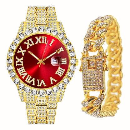 VVS Jewelry hip hop jewelry Fully Iced Bling Watch + Cuban Bracelet Bundle