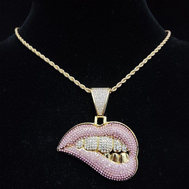 VVS Jewelry hip hop jewelry Fully Iced Out Pink Biting Lip Cuban Pendant Chain