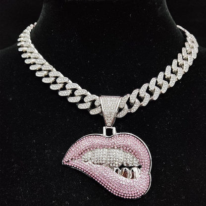 VVS Jewelry hip hop jewelry Fully Iced Out Pink Biting Lip Cuban Pendant Chain