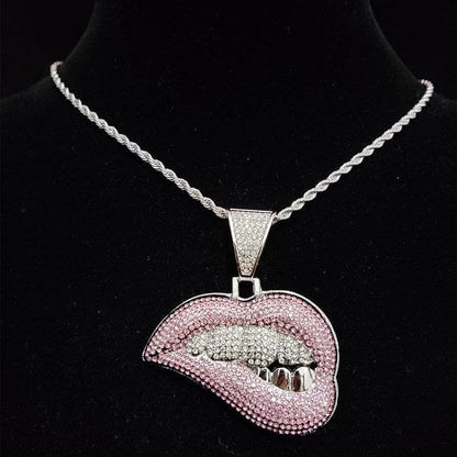 VVS Jewelry hip hop jewelry Fully Iced Out Pink Biting Lip Cuban Pendant Chain