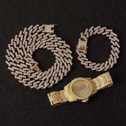 VVS Jewelry hip hop jewelry Gold 3pc set Miami Micro Pave Cuban Chain + Bracelet + Watch Set