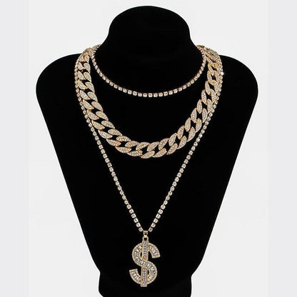 VVS Jewelry hip hop jewelry Gold Gold/Silver Cuban Tennis Dollar Sign Choker Bundle