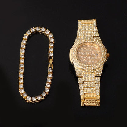 VVS Jewelry hip hop jewelry Gold/Silver 5mm Micro Pave Tennis Chain + Tennis Bracelet + FREE Watch Bundle