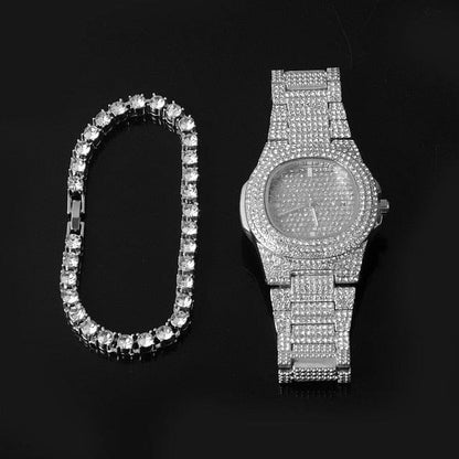 VVS Jewelry hip hop jewelry Gold/Silver 5mm Micro Pave Tennis Chain + Tennis Bracelet + FREE Watch Bundle