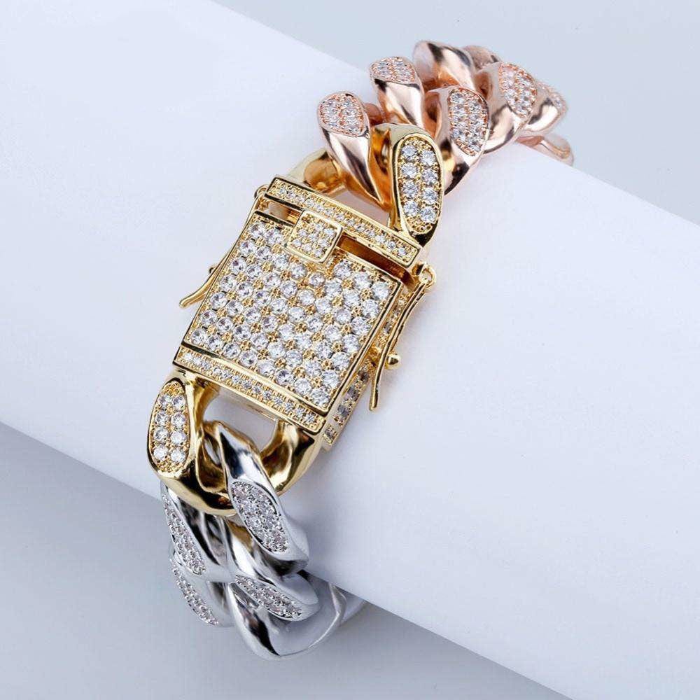 VVS Jewelry hip hop jewelry Gold/Silver/Rose Gold 3 Tone Bling Cuban Chain Bracelet